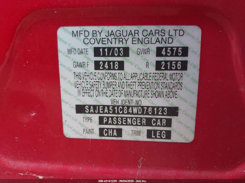 2004 Jaguar X-Type 3.0 VIN: SAJEA51C84WD76123 Lot: 43141229