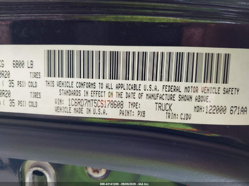 2012 Ram 1500 Sport VIN: 1C6RD7MT5CS178608 Lot: 43141258