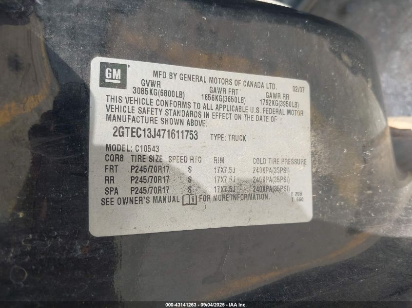 2007 GMC Sierra 1500 Sle1 VIN: 2GTEC13J471611753 Lot: 43141263