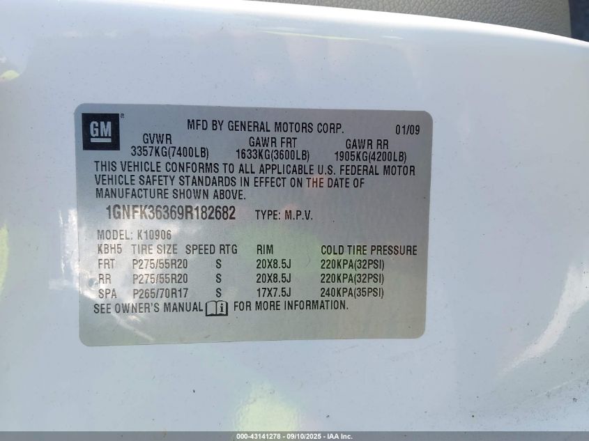 2009 Chevrolet Suburban K1500 Ltz VIN: 1GNFK36369R182682 Lot: 43141278