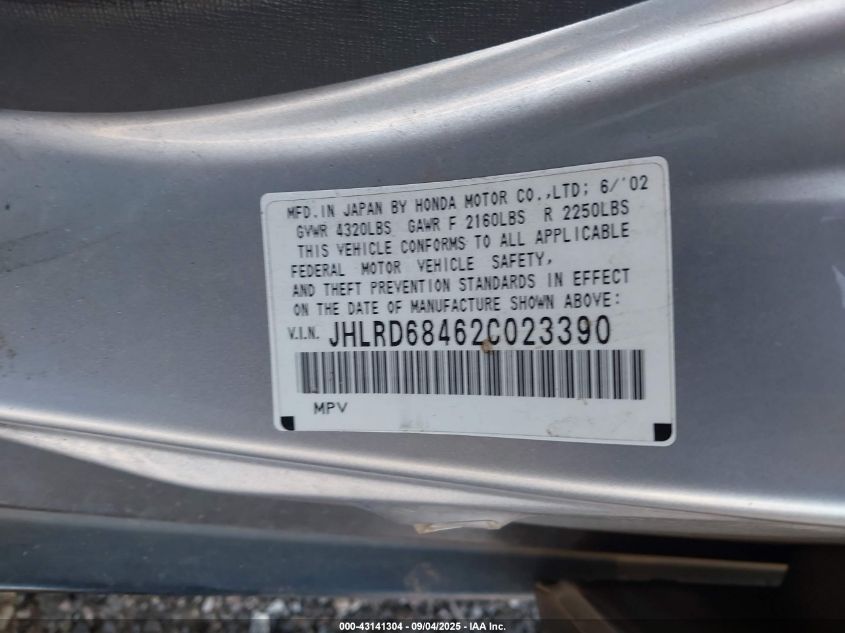 2002 Honda Cr-V Lx VIN: JHLRD68462C023390 Lot: 43141304