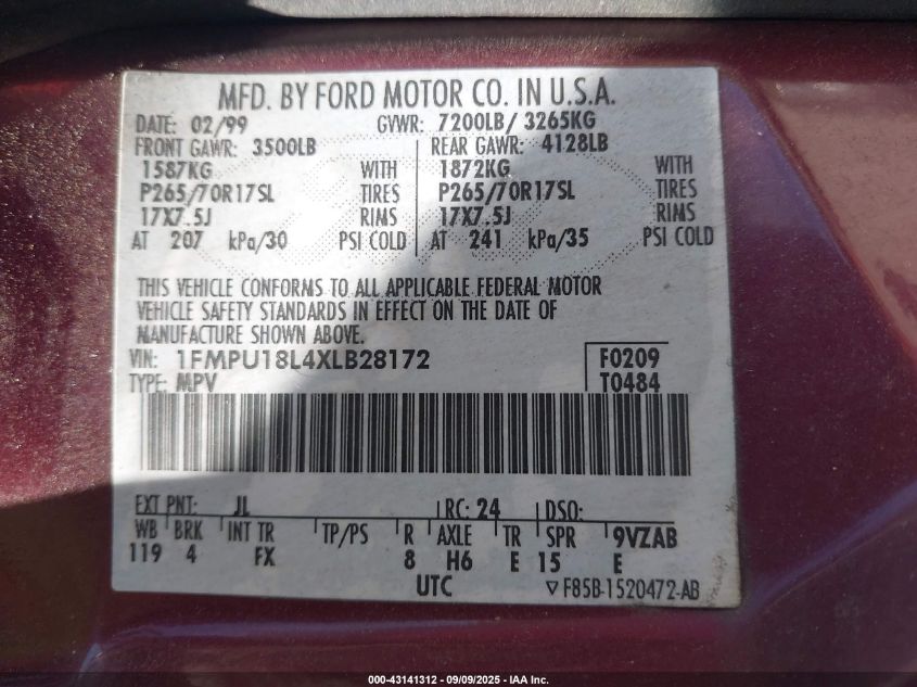 1999 Ford Expedition VIN: 1FMP418L4XLB28172 Lot: 43141312