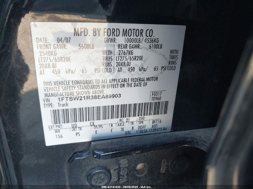 2008 Ford F-250 Fx4/Harley-Davidson/King Ranch/Lariat/Xl/Xlt VIN: 1FTSW21R38EA89903 Lot: 43141430