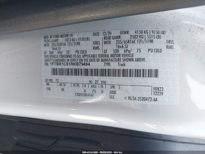 2024 Ford Transit-250 VIN: 1FTBR1C81RKB79494 Lot: 43141486