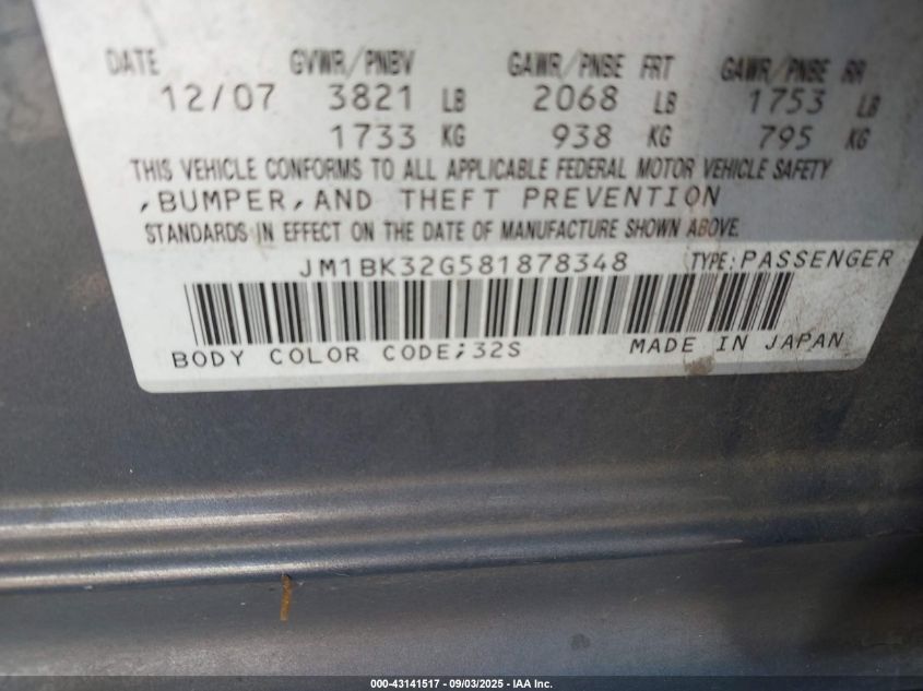 2008 Mazda Mazda3 I VIN: JM1BK32G581878348 Lot: 43141517