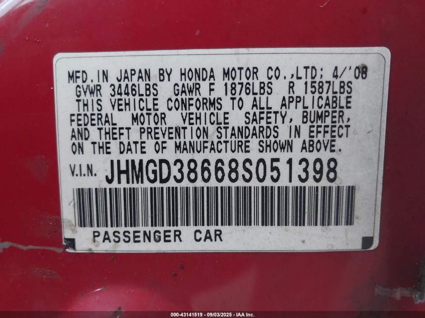 2008 Honda Fit Sport VIN: JHMGD38668S051398 Lot: 43141519