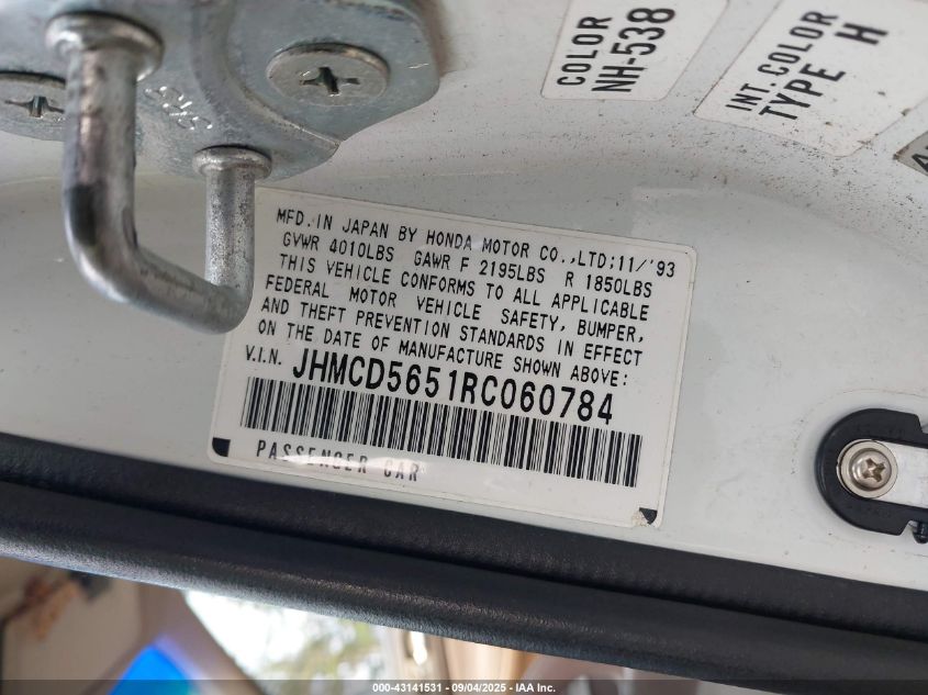 1994 Honda Accord Ex VIN: JHMCD5651RC060784 Lot: 43141531