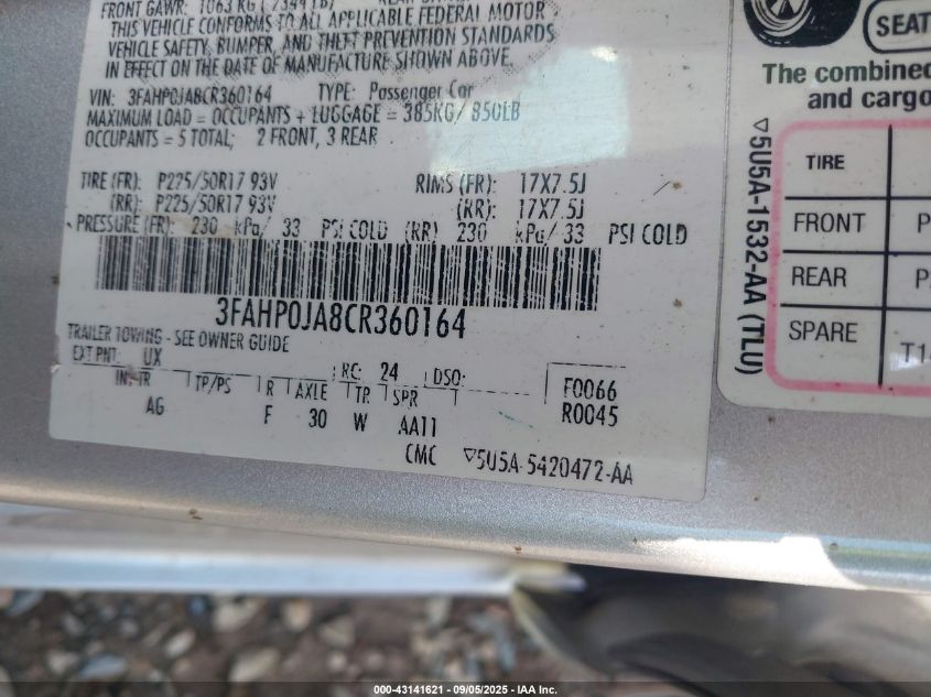 2012 Ford Fusion Sel VIN: 3FAHP0JA8CR360146 Lot: 43141621