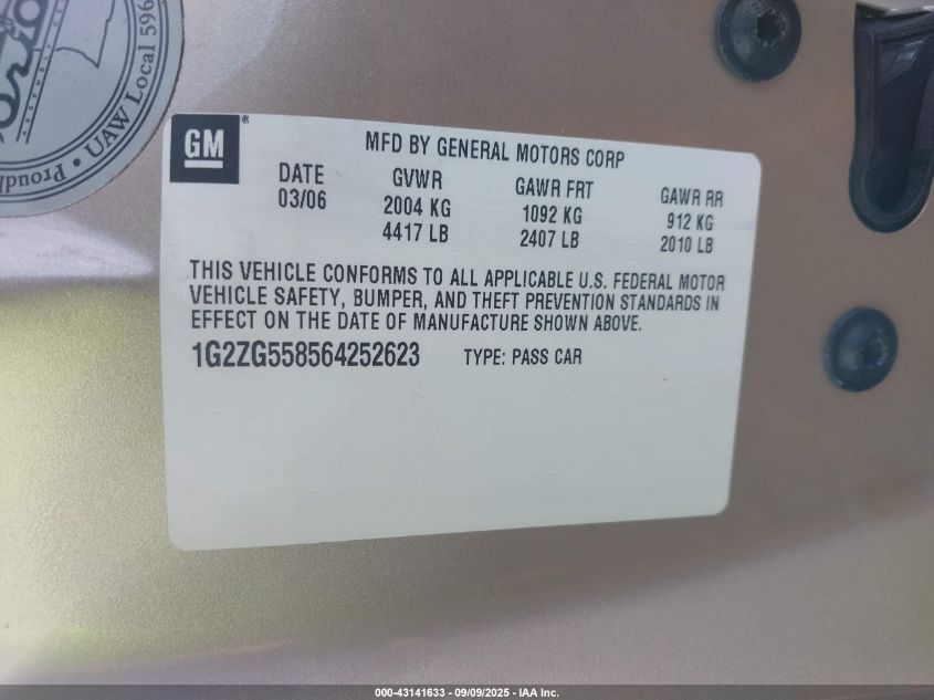 2006 Pontiac G6 VIN: 1G2ZG558564252623 Lot: 43141633