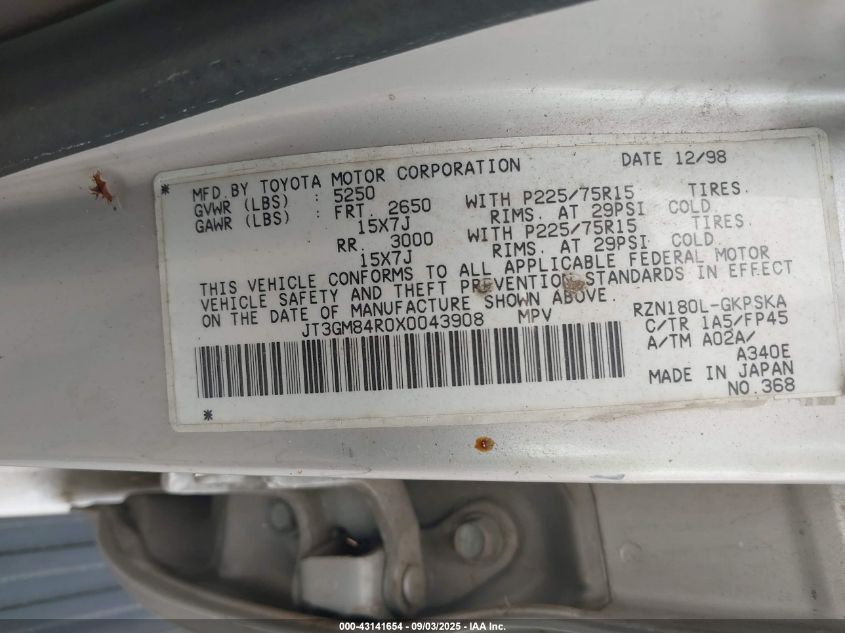 1999 Toyota 4Runner VIN: JT3GM84R0X0043908 Lot: 43141654