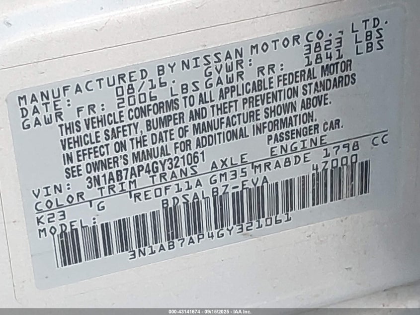 2016 NISSAN SENTRA S - 3N1AB7AP4GY321061