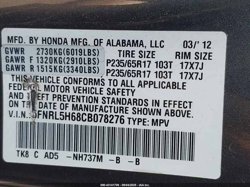 2012 Honda Odyssey Ex-L VIN: 5FNRL5H68CB078276 Lot: 43141706