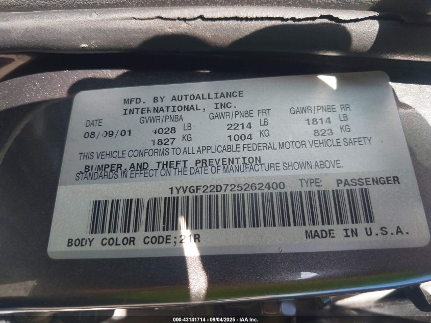 2002 Mazda 626 Es V6/Lx V6 VIN: 1YVGF22D725262400 Lot: 43141714