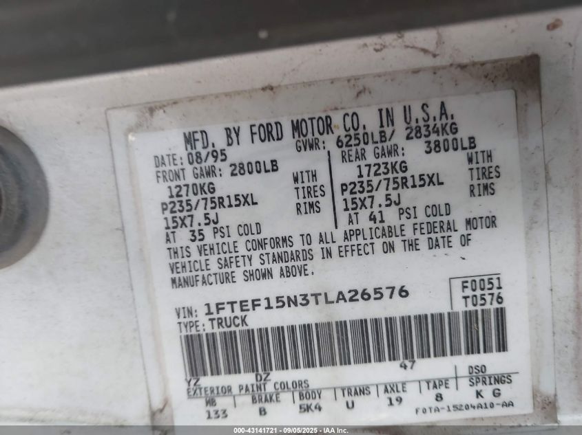1996 Ford F150 VIN: 1FTEF15N3TLA26576 Lot: 43141721
