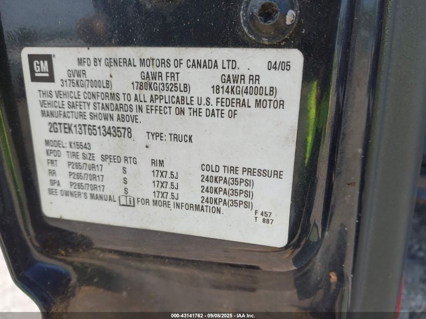 2005 GMC New Sierra K1500 VIN: 2GTEK13T651343578 Lot: 43141762