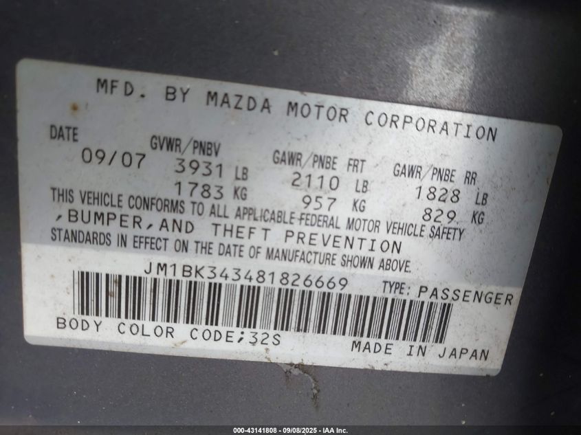2008 Mazda Mazda3 S Sport VIN: JM1BK343481826669 Lot: 43141808
