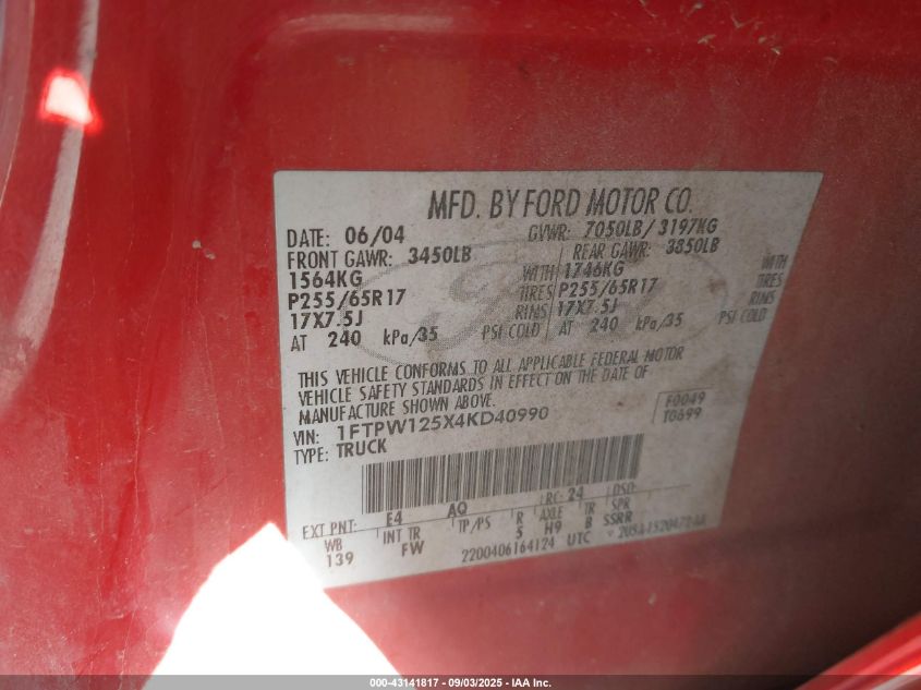 2004 Ford F-150 Lariat/Xlt VIN: 1FTPW125X4KD40990 Lot: 43141817