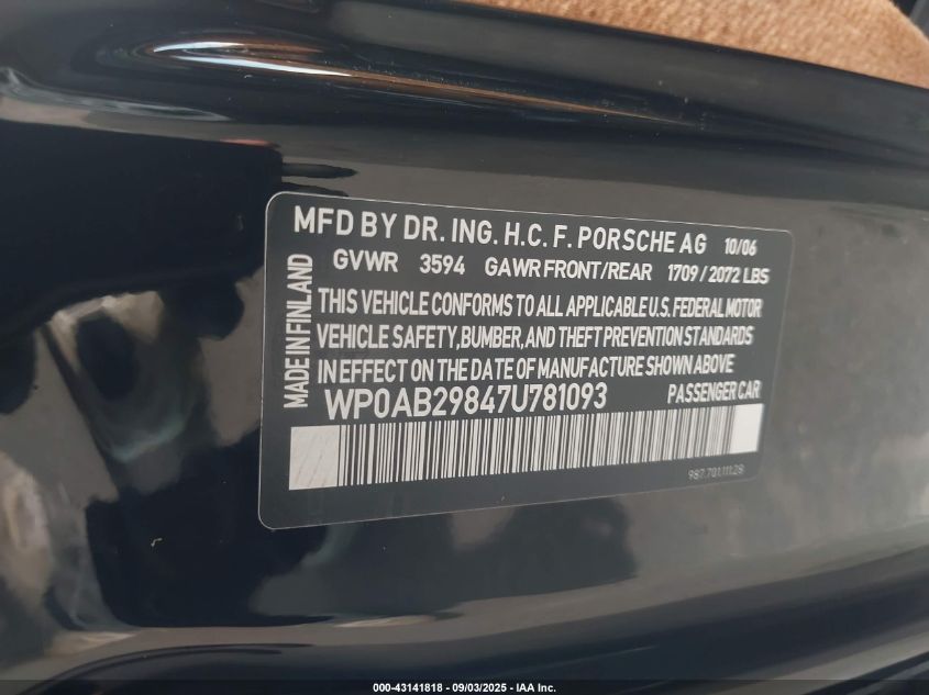 2007 Porsche Cayman S VIN: WP0AB29847U781093 Lot: 43141818