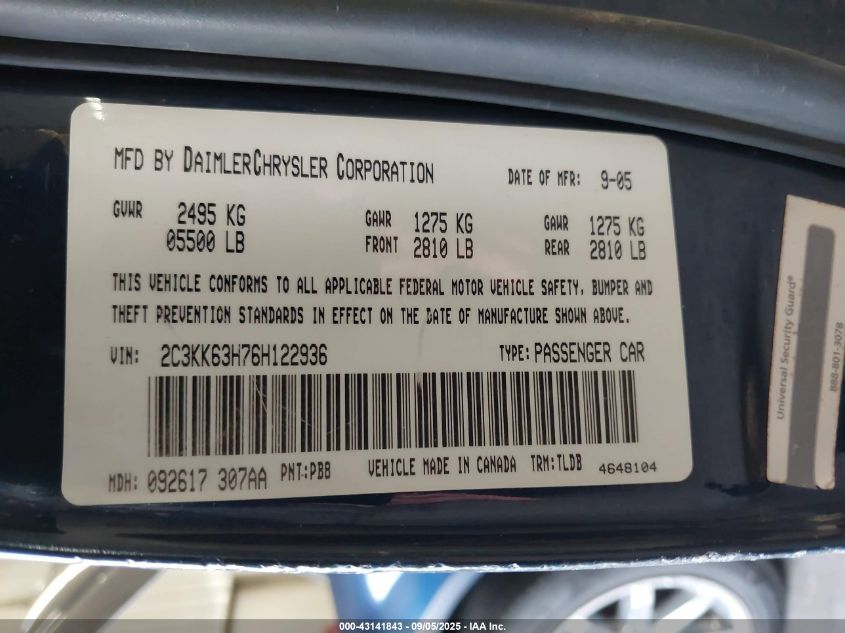 2006 Chrysler 300C VIN: 2C3KK63H76H122936 Lot: 43141843