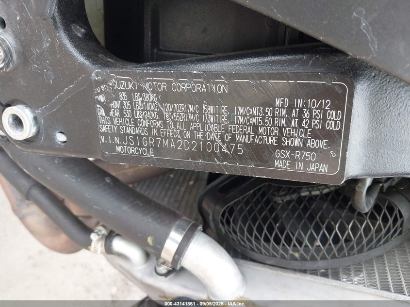 2013 Suzuki Gsx-R750 VIN: JS1GR7MA2D2100475 Lot: 43141861