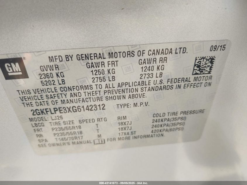 2016 GMC Terrain Slt VIN: 2GKFLPE3XG6142312 Lot: 43141873