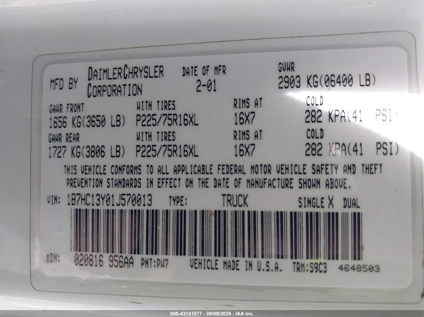 2001 Dodge Ram 1500 St VIN: 1B7HC13Y01J570013 Lot: 43141877