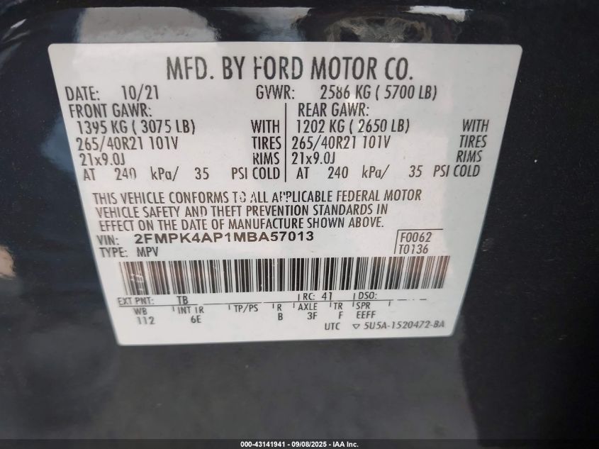 2021 Ford Edge St VIN: 2FMPK4AP1MBA57013 Lot: 43141941