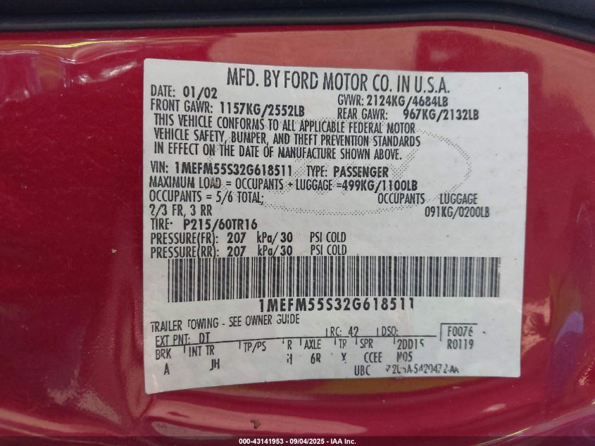 2002 Mercury Sable Ls Premium VIN: 1MEFM55S32G618511 Lot: 43141953