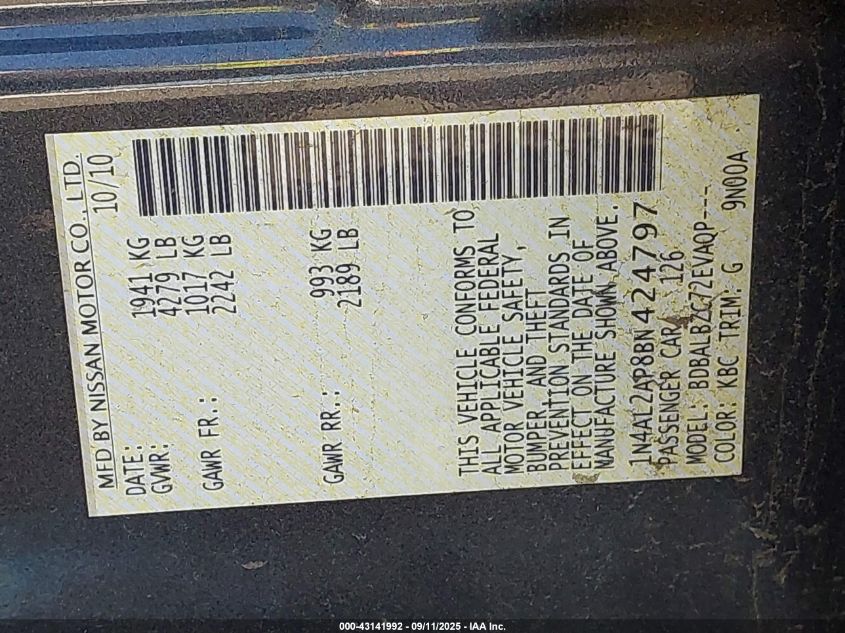 2011 Nissan Altima 2.5 S VIN: 1N4AL2AP8BN424797 Lot: 43141992