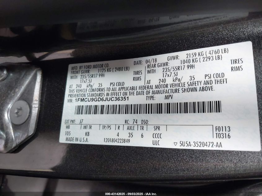 2018 Ford Escape Se VIN: 1FMCU9GD6JUC36351 Lot: 43142025