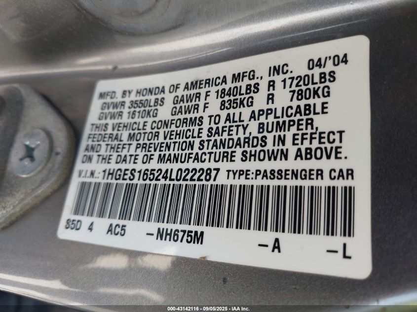2004 Honda Civic Lx VIN: 1HGES16524L022287 Lot: 43142116