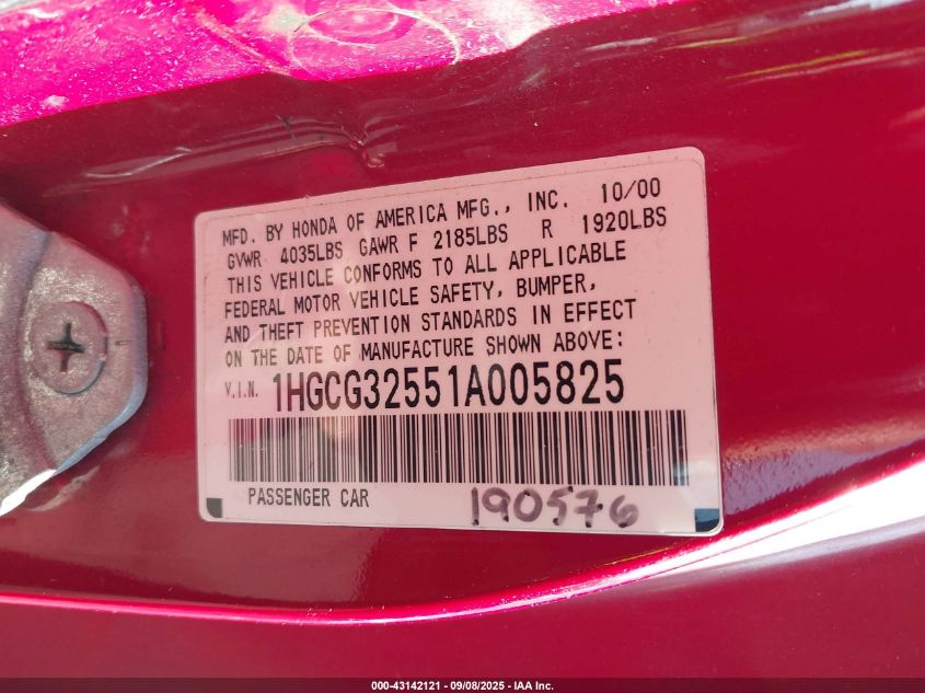 2001 Honda Accord 2.3 Ex VIN: 1HGCG32551A005825 Lot: 43142121