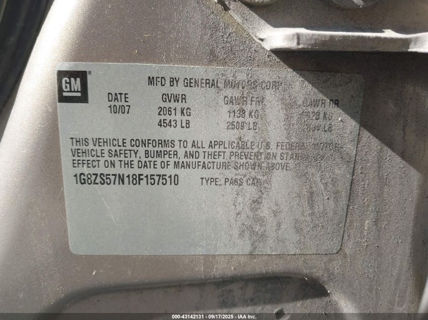 2008 Saturn Aura Xe VIN: 1G8ZS57N18F157510 Lot: 43142131