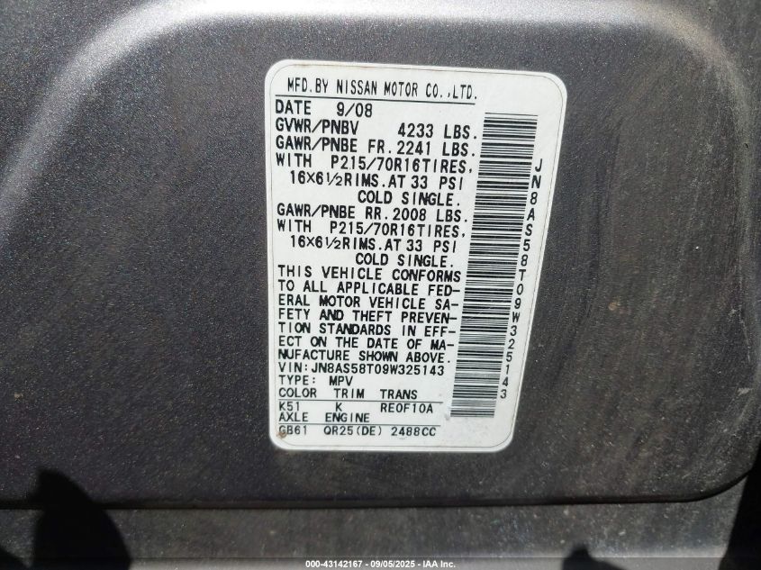 2009 Nissan Rogue S VIN: JN8AS58T09W325143 Lot: 43142167