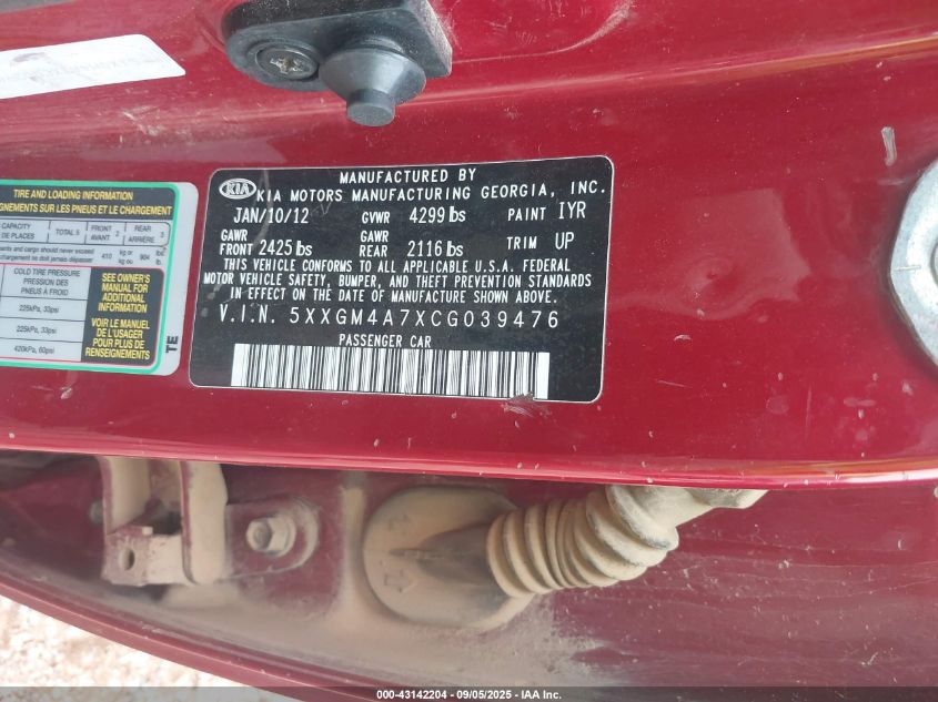 2012 Kia Optima Lx VIN: 5XXGM4A7XCG039476 Lot: 43142204