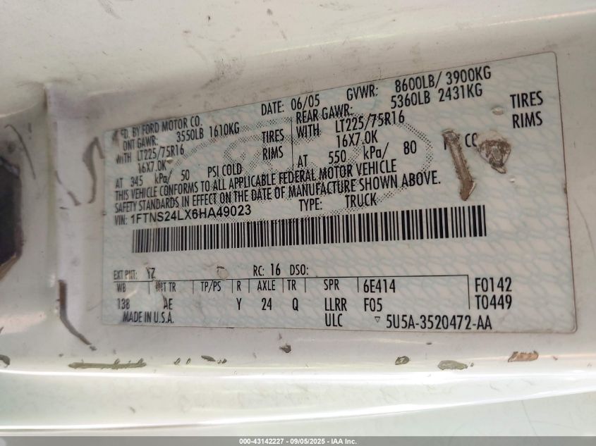 2006 Ford E-250 Commercial/Recreational VIN: 1FTNS24LX6HA49023 Lot: 43142227