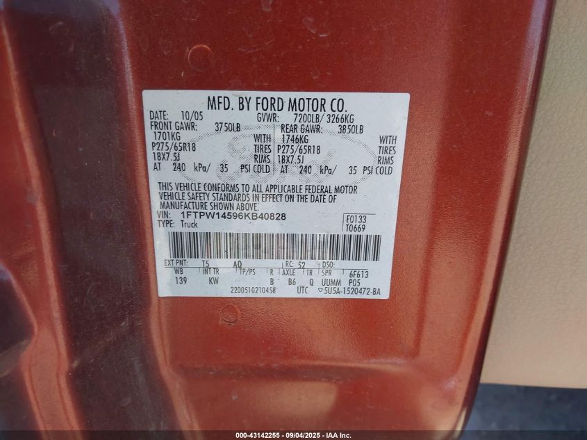 2006 Ford F-150 Fx4/Lariat/Xlt VIN: 1FTPW14596KB40828 Lot: 43142255