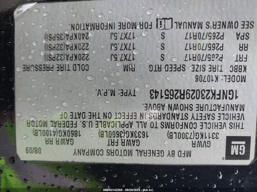 2009 Chevrolet Tahoe Lt2 VIN: 1GNFK23029R265143 Lot: 43142265