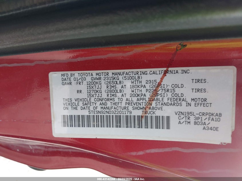 2003 Toyota Tacoma Prerunner V6 VIN: 5TESN92N03Z201179 Lot: 43142266