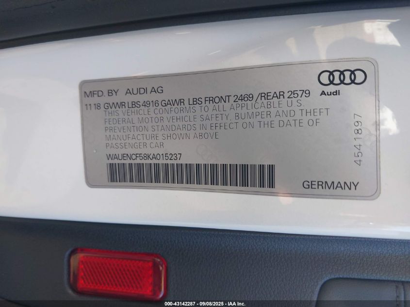 2019 Audi A5 45 Premium VIN: WAUENCF58KA015237 Lot: 43142287