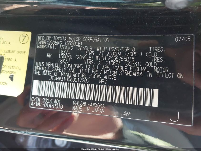 2006 Lexus Rx 400H VIN: JTJHW31U060017200 Lot: 43142350