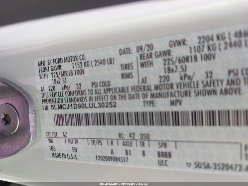 2020 Lincoln Corsair Standard VIN: 5LMCJ1D90LUL30252 Lot: 43142408