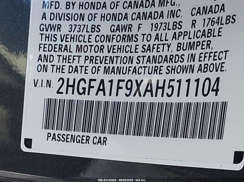 2010 Honda Civic Ex-L VIN: 2HGFA1F9XAH511104 Lot: 43142429