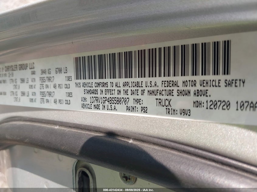 2011 Ram Ram 1500 Slt VIN: 1D7RV1GP4BS580707 Lot: 43142434