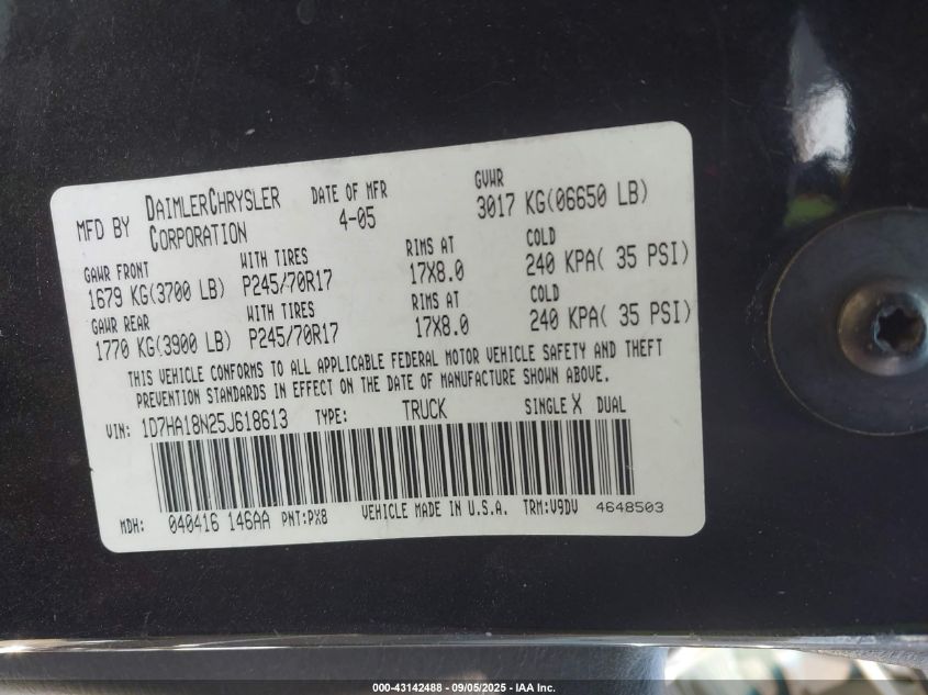 2005 Dodge Ram 1500 Slt/Laramie VIN: 1D7HA18N25J618613 Lot: 43142488