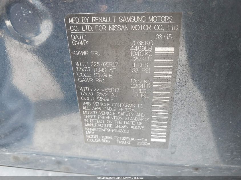 2015 Nissan Rogue S VIN: KNMAT2MT9FP543312 Lot: 43142501