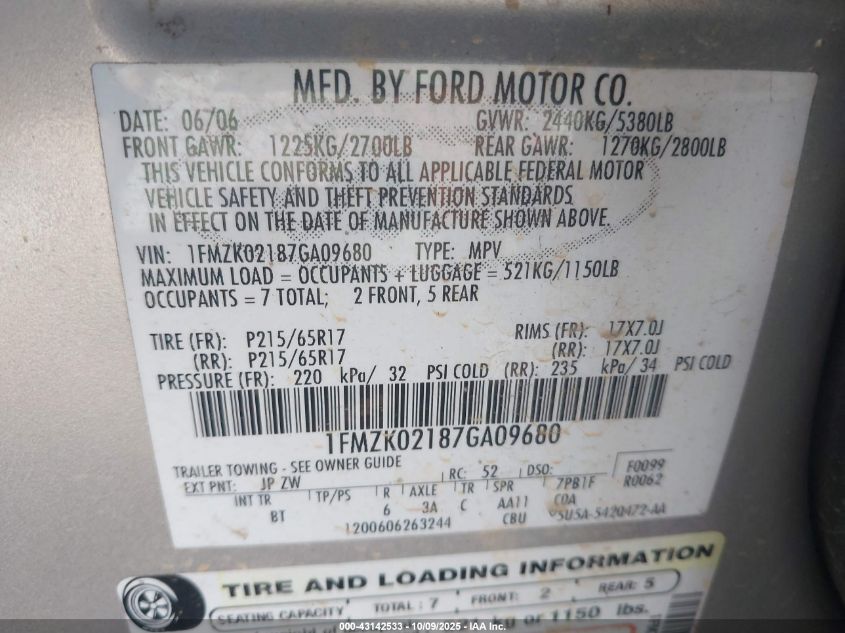 2007 Ford Freestyle Sel VIN: 1FMZK02187GA09680 Lot: 43142533
