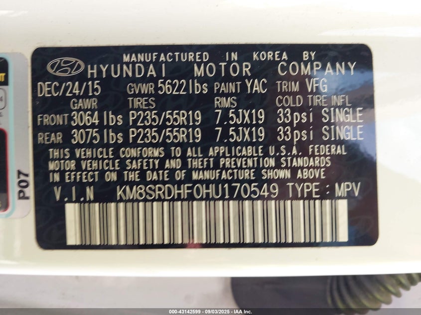 2017 HYUNDAI SANTA FE LIMITED ULTIMATE - KM8SRDHF0HU170549