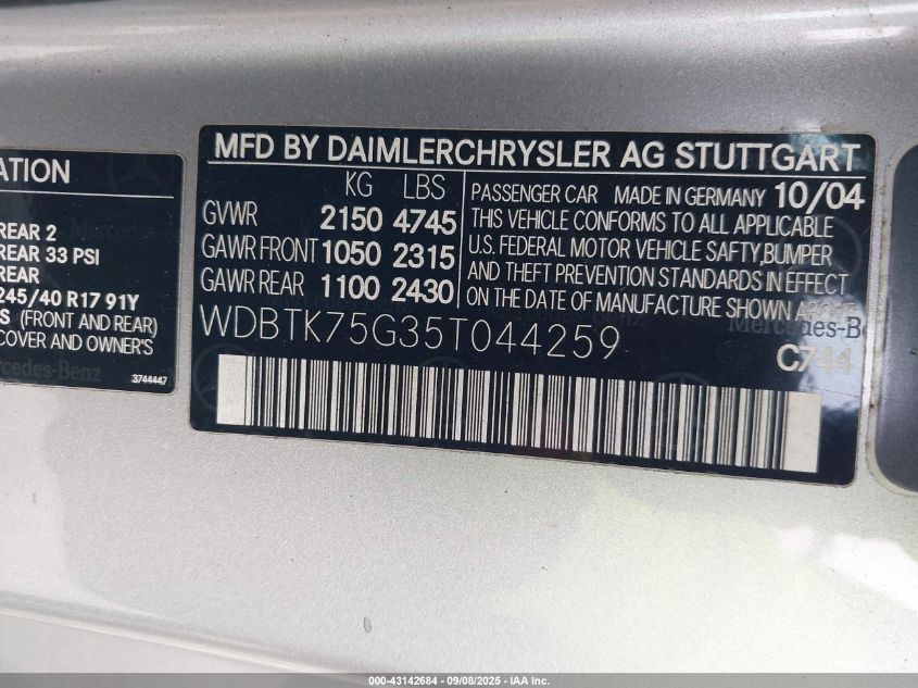 2005 Mercedes-Benz Clk 500 VIN: WDBTK75G35T044259 Lot: 43142684