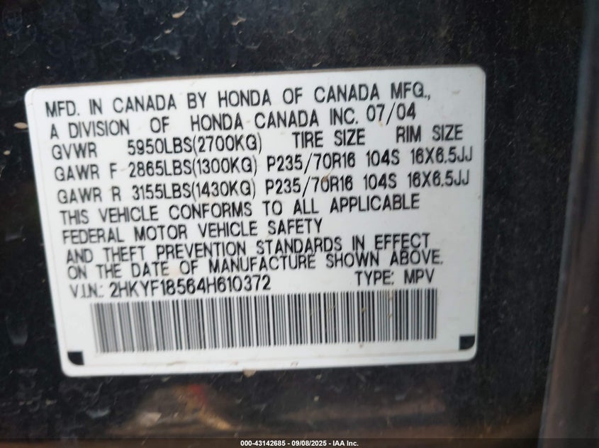 2004 Honda Pilot Ex-L VIN: 2HKYF18564H610372 Lot: 43142685